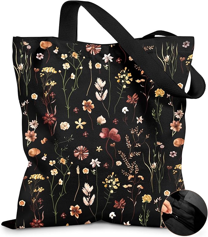 Miss Adola Canvas Tote Bag for Women â Aesthetic Canvas Bag with Zipper Cute Stylish Reusable Shoulder Totes for Shopping Work Daily Vacation, Black Grow Flower
