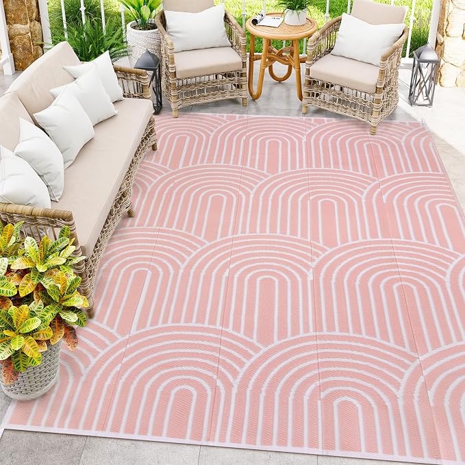 Anidaroel Rainbow Patio Rugs Outdoor 8âX10â Waterproof, Reversible Camping Rug for Outside RV, Portable Plastic Straw Outdoor Area Rug for Backyard, Garden, Pool Deck (Pink, 8âX10')