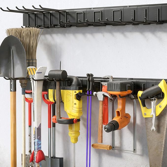49.5" Garage Tool Organizer Wall Mount, 500lbs Tool Storage Organizer with Adjustable Sliding Hooks, Heavy Duty & Anti-Rust Garden Tools Storage Rack for Hanging Rake Broom/Mower/Snowboard