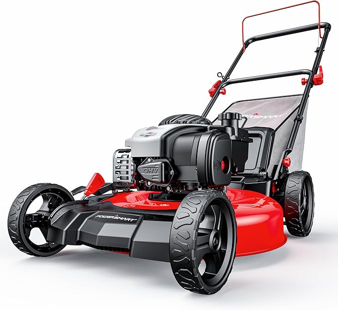 PowerSmart 21" 3-in-1 Gas Push Lawn Mower with 140cc 4-Stroke Engine - Wide Cutting Deck, 6 Height Adjustments, Mulching Capability