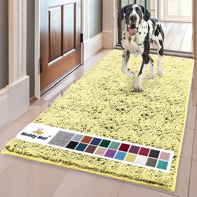 Muddy Mat® | Super Water Absorbent Door Mat Indoor, Microfiber Quick Dry Chenille Entryway Rug, Slip Resistant Front Door Mat, Indoor Mats for Entryway, Machine Washable Pet Rug, Yellow 24" x 120"