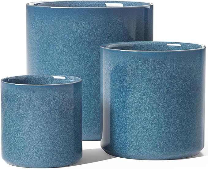 LE TAUCI Ceramic Plant Pots Indoor, 10 Inch 8 Inch 6 Inch Planters for Indoor Plants, Mid-Century Modern Flower Pots with Drainage Hole, Cylinder Round Planter Pots, Set of 3, Reactive Glaze Blue