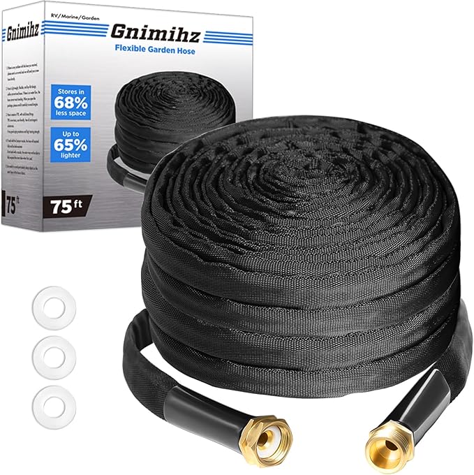 Garden Hose 75ft, Made of TPE(Not PVC), Ultra-Light & Flexible Water Hose with Solid Brass Fittings, Non-Shrinking, Easy to Storage, Drinking Water Safe Material, All-weather, Black, Newbox