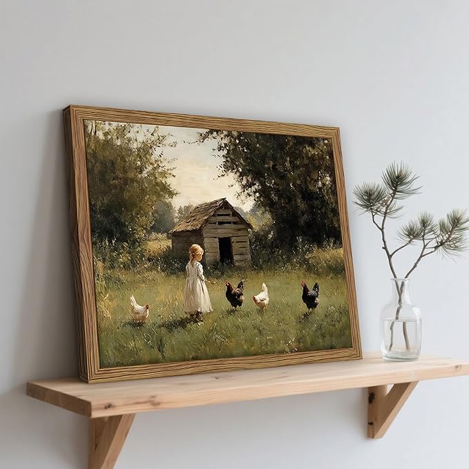 Vintage Country Framed Wall Art, Little Girl and Chick Canvas Prints, Rustic