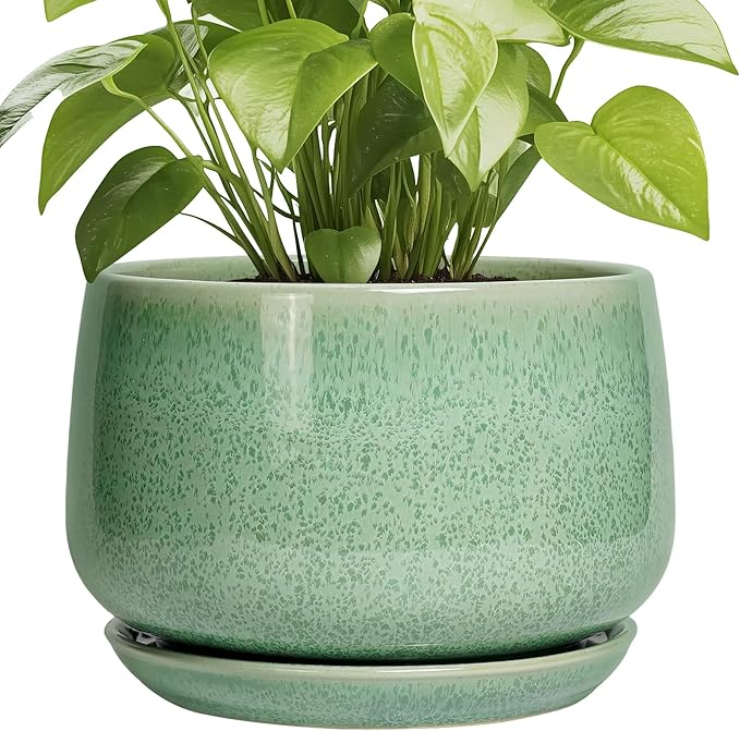 G EPGardening Ceramic Planter - 9 Inch Plant Pot with Drainage Hole and Saucer, Modern Round Planter, Flower Pot for Indoor Outdoor Plants, Garen House Room Decor, Housewarming Gifts, Green