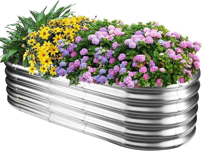 YSEJOMP 17" Tall Outdoor Garden Raised Garden Bed Kits, 5ft X 2ft Oval,0.8MM Thick Metal Raised Planter Bed/Ground Planter Box for Variety of Flowers,Herbs,Vegetables (Silver, 60X24X16.5 Inches)