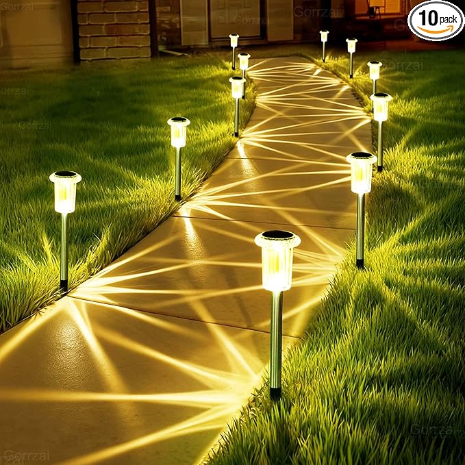 Solar Lights Outdoor 10 Pack Solar Pathway Lights Outdoor LED Waterproof Stainless Steel Driveway Lighting for Outdise, Yard, Walkway, Sidewalk, Garden, Lawn (Warm White)