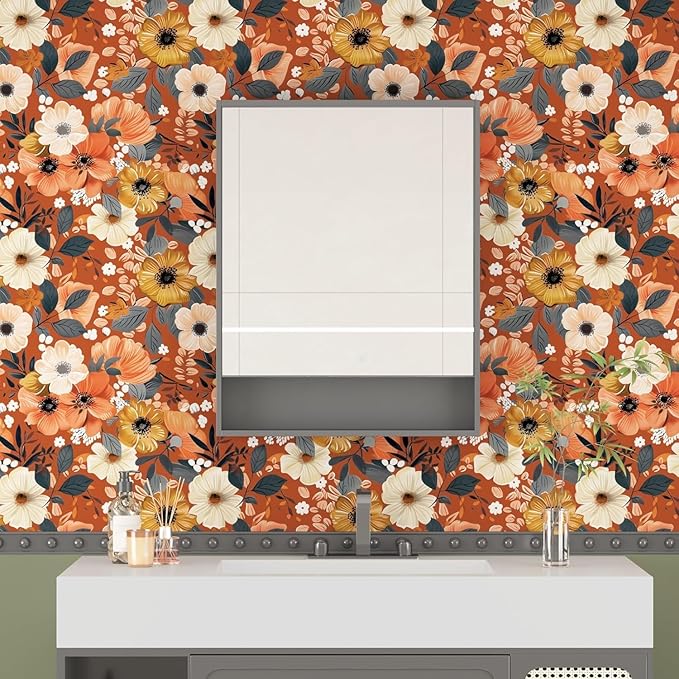 BOKEBEVE Orange Wallpaper Peel and Stick Retro Floral Contact Paper Self