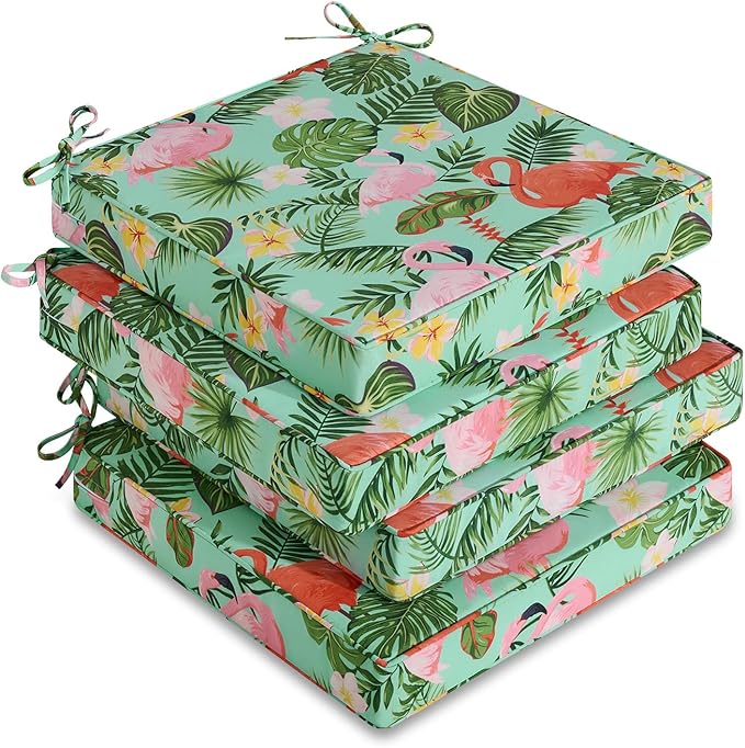 downluxe Outdoor Chair Cushions Set of 4, Waterproof 19" x 19" x 3" Patio Chair Cushion with Non-Slip Ties & Handle, Square Outdoor Cushion for Patio Furniture with Removable Cover, Tropical Flamingo