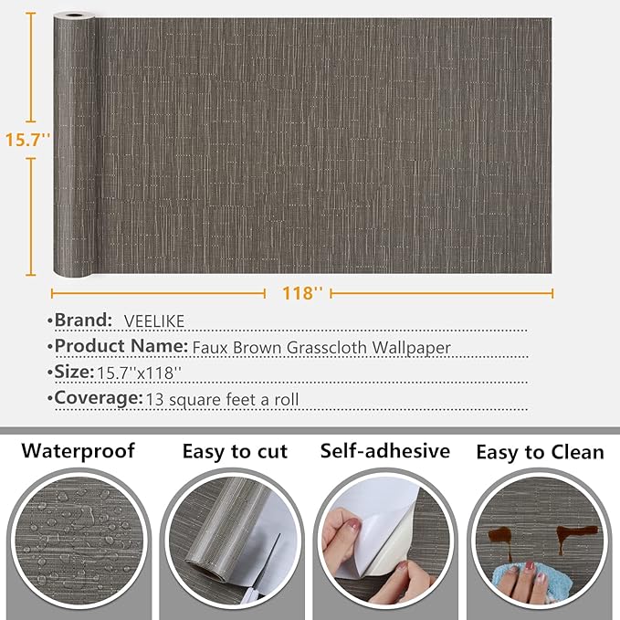 VEELIKE Truffle Brown Grasscloth Peel and Stick Wallpaper Faux Woven Grasscloth
