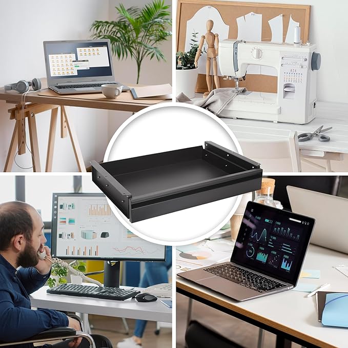 POPMOON Under Desk Drawer For Desk 13.8 * 8.8 * 3.5 in, Pull out Storage Organizer with Slide Extension Mounted Under Flat Wooden Table or Workbench, Carbon Steel Hidden Desk Drawer