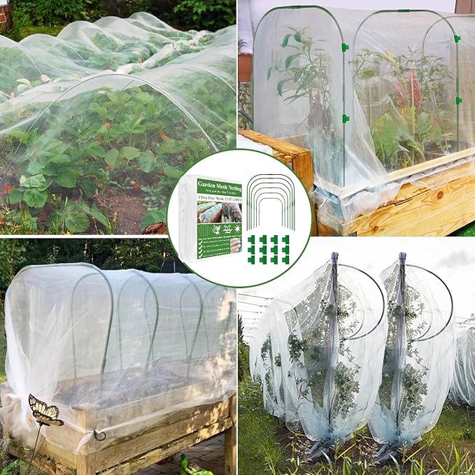 Garden Netting Kit for Raised Beds, 10x30FT Ultra Fine Mesh Netting& 6 Sets Garden Hoops, Garden Bed Row Cover Insect Netting Garden Hoop for Raised Bed Vegetable Plant Flowers Fruit Protection Net