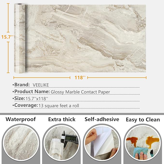 VEELIKE 15.7''x118'' Beige Gold Liquid Marble Contact Paper