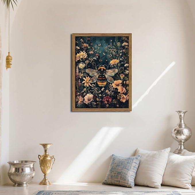 Vintage Framed Wall Art Bee Canvas Prints, Dark College Animals Flowers Wall