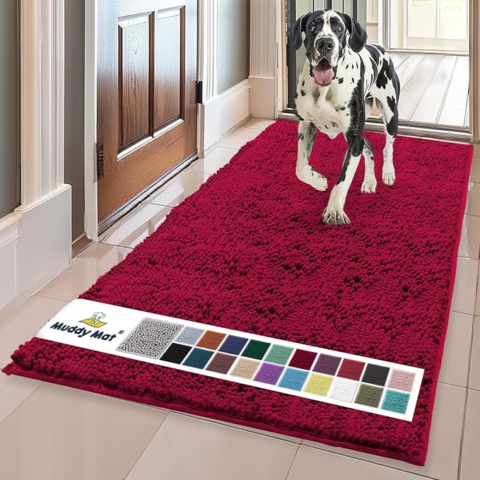 Muddy Mat® | Super Water Absorbent Door Mat Indoor, Microfiber Quick Dry Chenille Entryway Rug, Slip Resistant Front Door Mat, Indoor Mats for Entryway, Machine Washable Pet Rug, Maroon 36"x60"