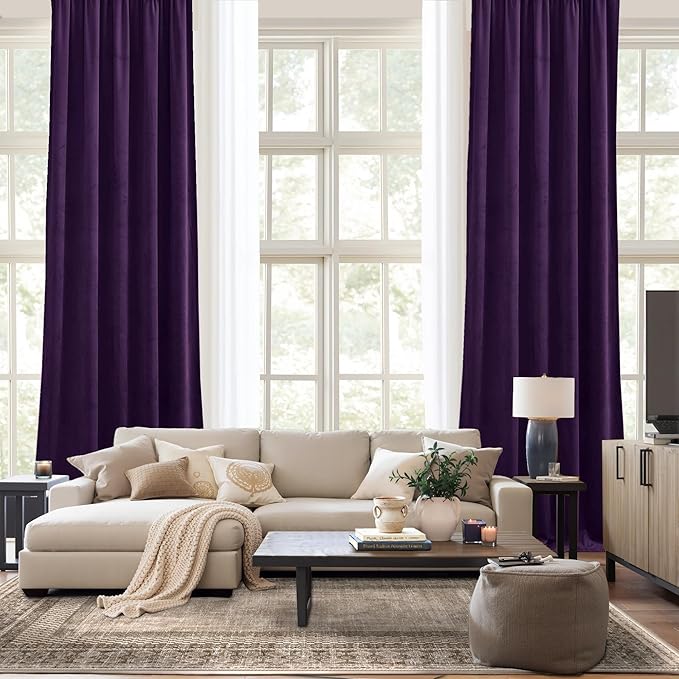 NICETOWN Purple Velvet Curtains 90 inches Long 2 Panels Set, Thermal Insulated