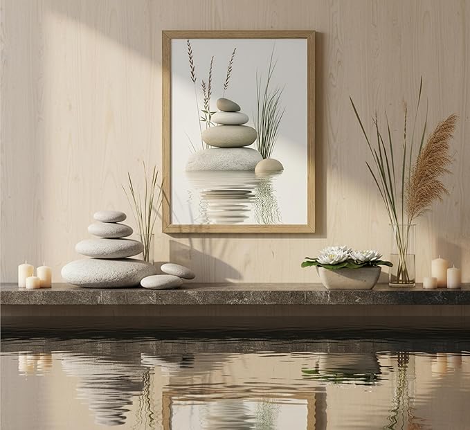Wooden Frame Zen Stone Canvas Wall Art, Stacked Stones in Water Poster Print.