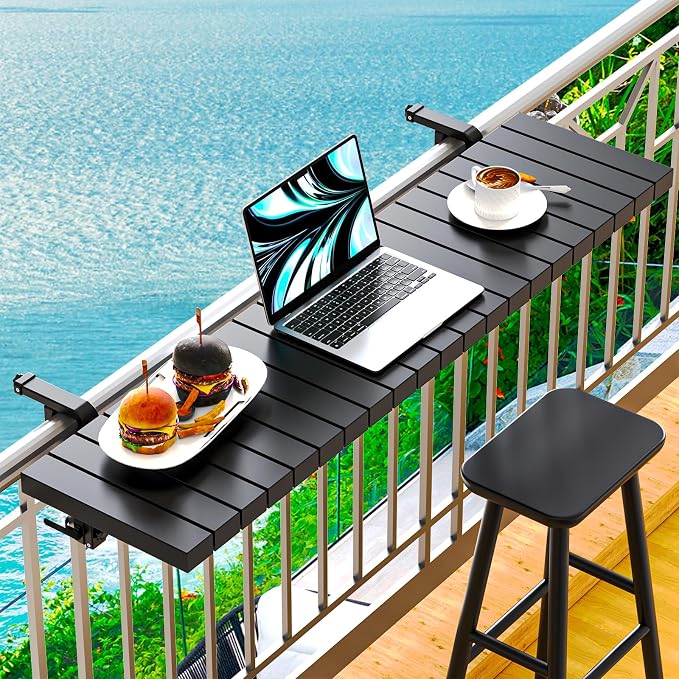 Balcony Bar Table for Railings, Hyperzoo Outdoor Patio Bar, Heavy-Duty Galvanized Iron 49"Ã9.6" Balcony Side Table, Holds 110 lbs, Adjustableï¼Easy Assemblyï¼Fits 4.4" or Less Top Railï¼Blackï¼