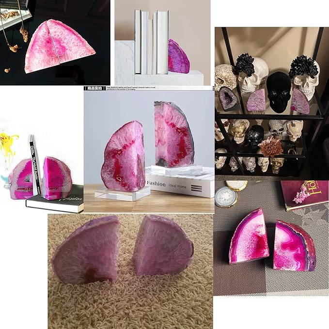 JIC Gem Pink Dyed Agate Bookends Geode Book Ends Stone Bookends for Shelves to Hold Books Heavy Duty with Rubber Bumpers for Decoration Brazilian(1 Pair, 3-4 LBS)