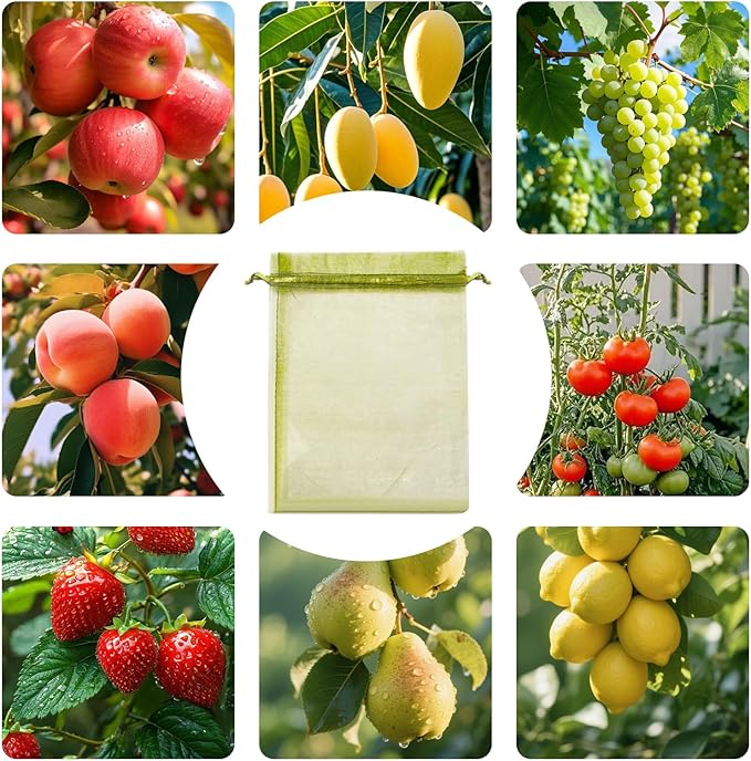 100 Large Fruit Protection Bags 7.9x11.8 Inch, Green Mesh Netting with Drawstring, Pest & Bird Barrier for Grapes, Eggplants, Zucchini and Other Garden Produce
