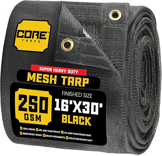 Core Tarps 60% Black Shade Cloth with Grommets - 16 X 30 FT Heavy Duty Mesh Tarp - Sun Shade Cloth for Garden Vegetables Plants Greenhouse Outdoors Backyard Fences Dump Trucks Patio Mesh Shade Tarp