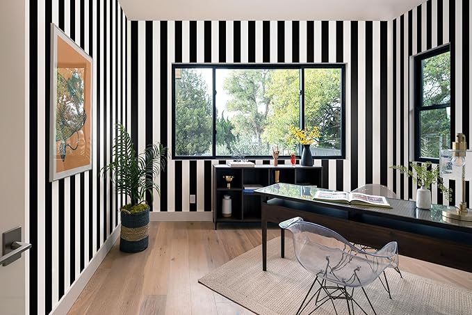 Guvana 472.4"x17.7" Striped Peel and Stick Wallpaper Black and White