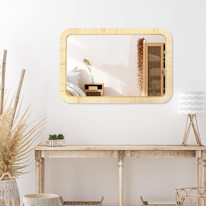 PERFNIQUE Rattan Mirror, Decorative Wall Nursery Decor, Rustic Farmhouse