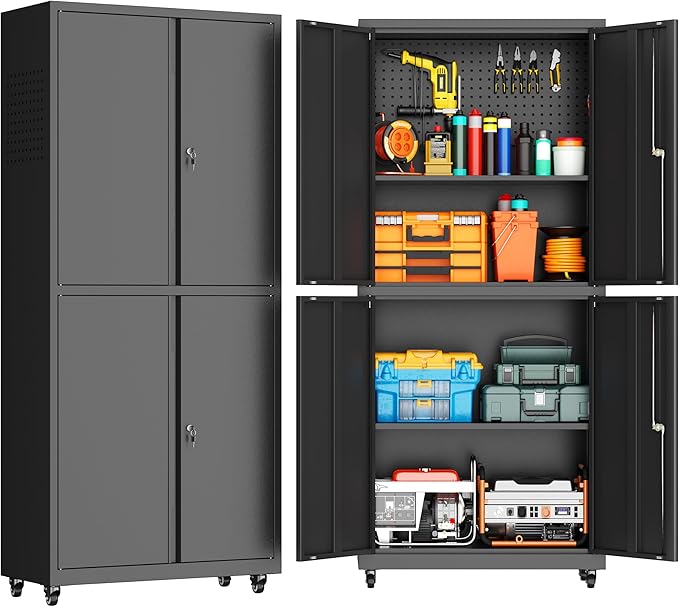 Garage Storage Cabinet with Wheels, Lockable Metal Storage Cabinet
