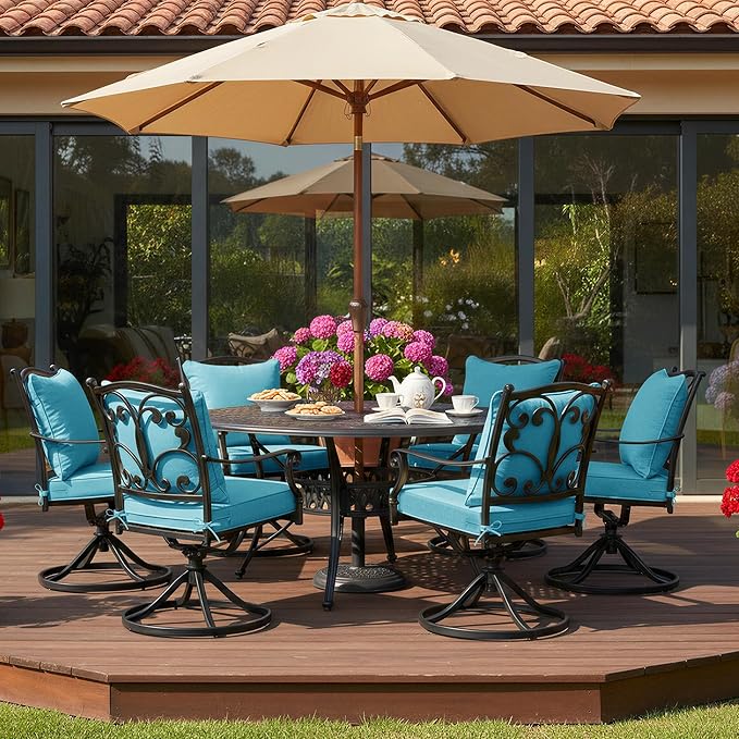 Summsun Faux Linen Outdoor Chair Cushions, Water Resistant Backrest and Deep Seat Cushion Set with Removable Cover, Straps, Non-Slip Bottom for Patio Furniture, 24 x 24 Inch, Teal, Set of 4