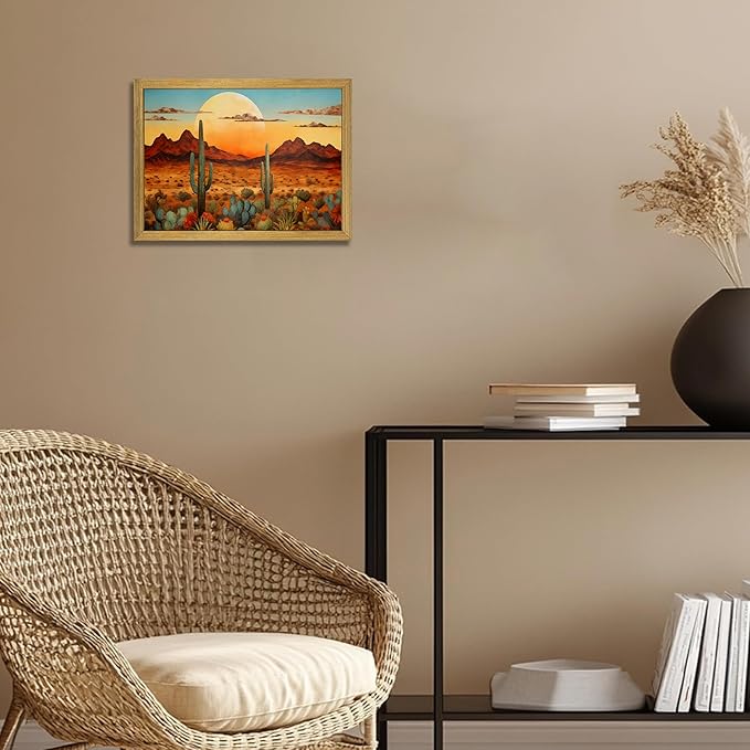 Framed Western Desert Sunset Cactus Wall Art, Vintage Southwest Nature