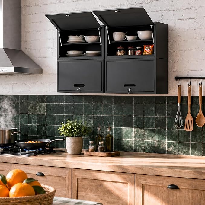 Garage Wall Cabinet with Flip-Up Door and Shelf, Lockable Metal Storage Cabinet