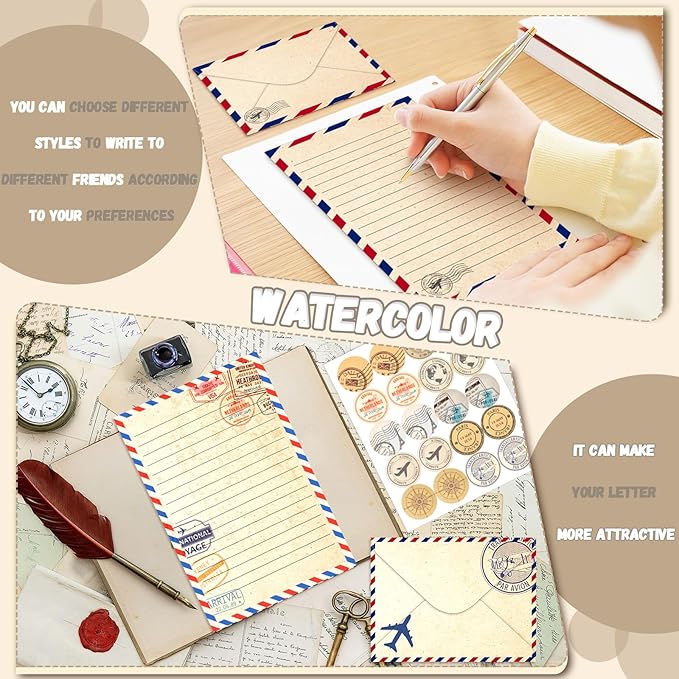 TaoBary 160 Pcs Stationery Paper Set 50 Double Sided Stationery Papers with 50 Matching Envelopes and 60 Round Dot Sticker, 10 Design(Vintage Travel,8.5 x 11 Inch)