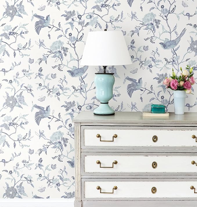 Timeet Peel and Stick Wallpaper Vintage Floral Contact Paper Blue and White