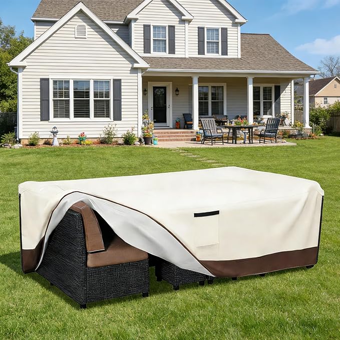 Patio Furniture Covers Waterproof,600D Heavy Duty Patio Cover for 6/7/8 PCS Sets Sectional Sofa Couch Dining Rocking Swivel Chairs Ottomans Coffee Table,110L x 84W x 28H inch Beige & Brown