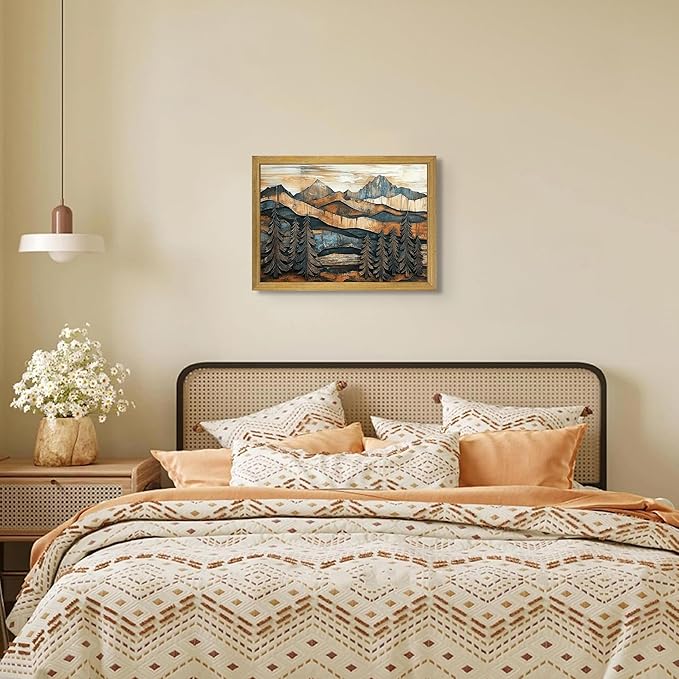 Vintage Boho Mountain Wall Art, Framed Landscape Canvas Wall Art, Nature Forest