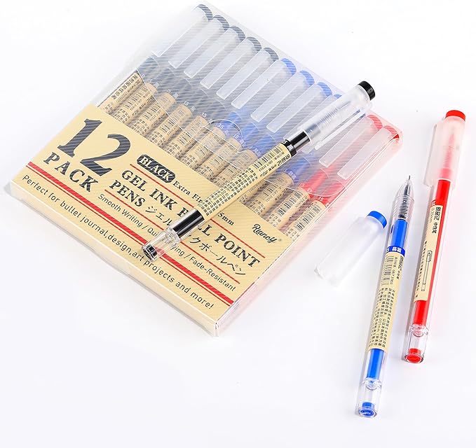 RIANCY Black Blue Red Gel Ink Pens, 0.35mm Extra Fine Point Smooth Writing Rollerball Pens, Japanese Style No Smudge Ballpoint Pen, Quick Drying for Journaling Office School Stationery Supplies 12Pcs