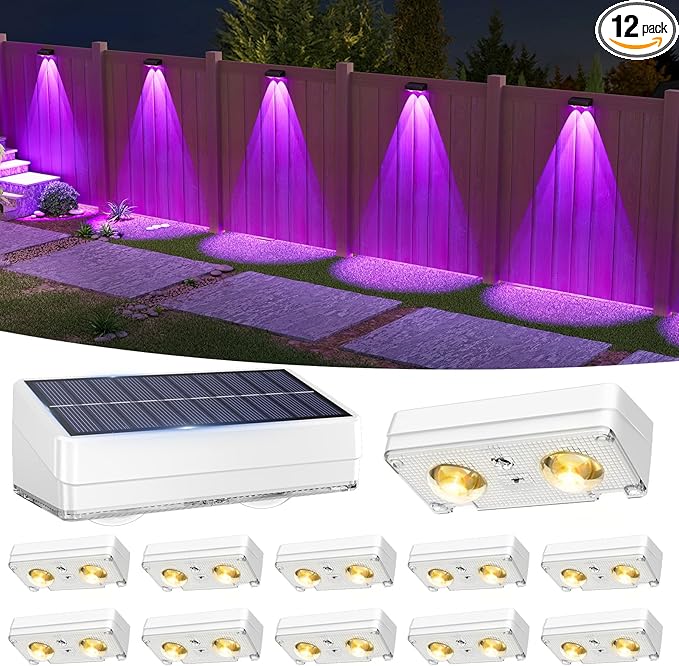 VOLISUN Solar Fence Lights Outdoor 12 Pack, 10 Colors ï¼ Color Changing Fence Lights Solar Powered, IP65 Waterproof Solar Lights for Fence, Garden, Patio, Backyard, Railing, Deck, Wall, Poolï¼Whiteï¼