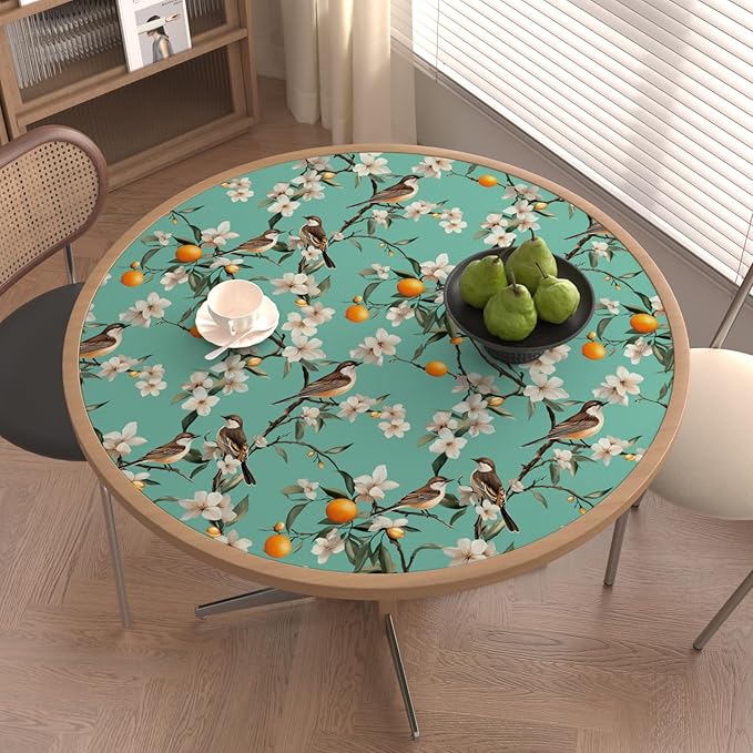 Teal White Bird Floral Wallpaper Peel and Stick, Fresh Orange Tree Contact Paper