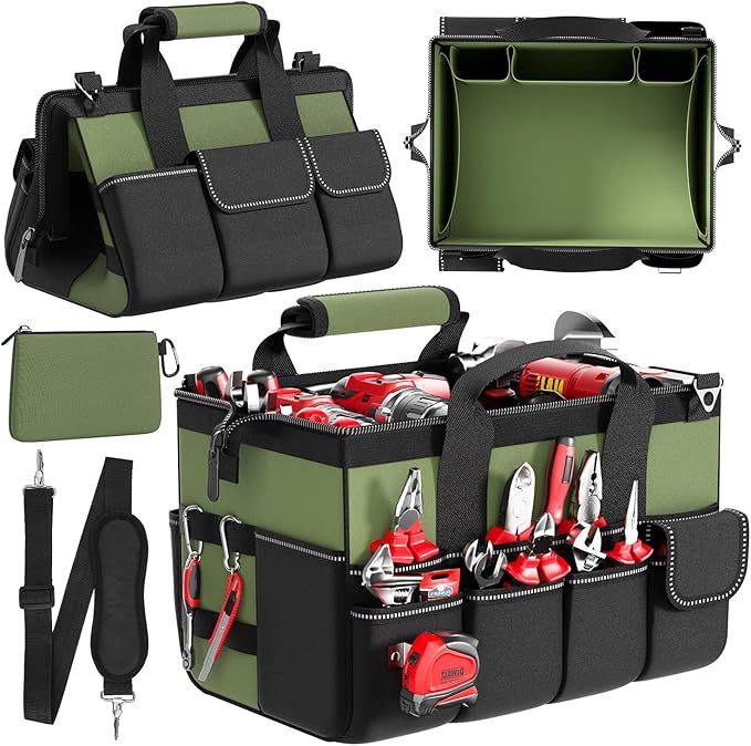 Goovilla Tool Bag 15.5 Inch with 1 Pouch | 17-Pocket Portable Tool Box Organizer Storage with Adjustable Strap, Soft Handle and Durable Zipper | Heavy Duty Tool Bags for Men, Fatherâs Day (Green)