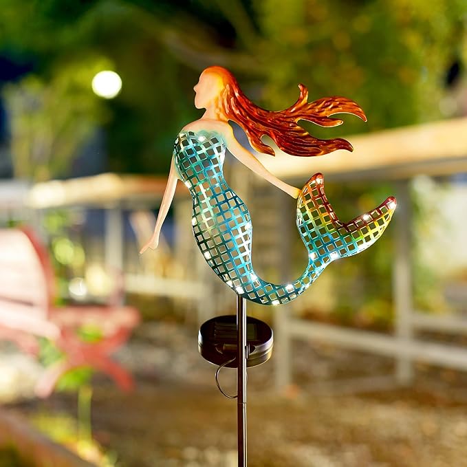 ARTER Solar Mermaid Garden Stake Light, Blue Nautical Ocean Themed Outdoor Waterproof Solar Yard Light with 3.6 Feet 22 LED Fairy Lights for Pathway Patio Lawn Poolside, 37 Inches Tall (Pack of 1)