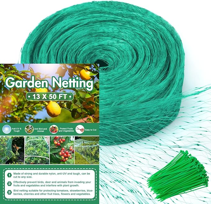 Unves 13 x 50 Ft Bird Netting for Garden, Heavy Duty Garden Fruit Tree Netting Protect Fruit Trees and Vegetable Plants Against Birds