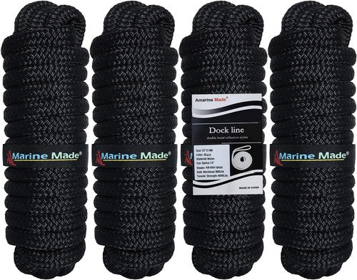 Amarine Made Dock Lines - 1/2â X 15â Nylon Boat Ropes | 4pcs with 12â Eyelet & 968lbs Working Load - Black