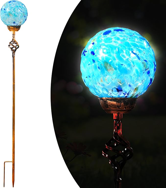 Garden Solar Lights, Decorative LED Honeycomb Glass Ball Garden Stake, Glass and Metal Outdoor Decoration, 4 x 31 Inch (Light Blue)