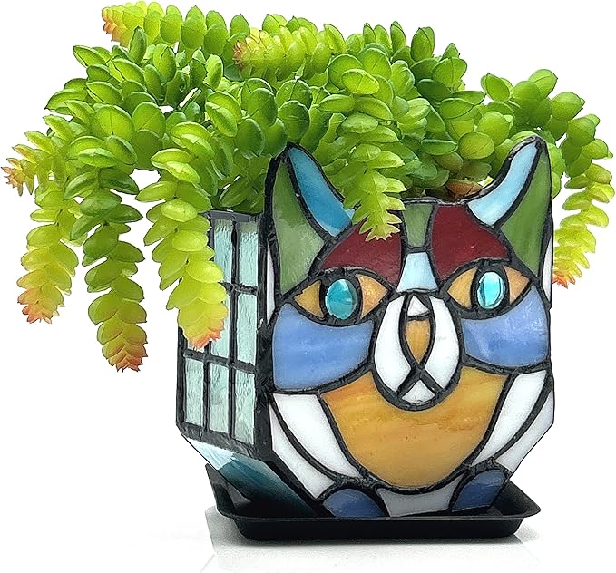 Tiffany Stained Glass Cat Planter,Indoor and Outdoor Plant Displays,Succulent Cat Pot,Plant Gifts for Women,4.6x5.15x2.3 in (Without Succulents)