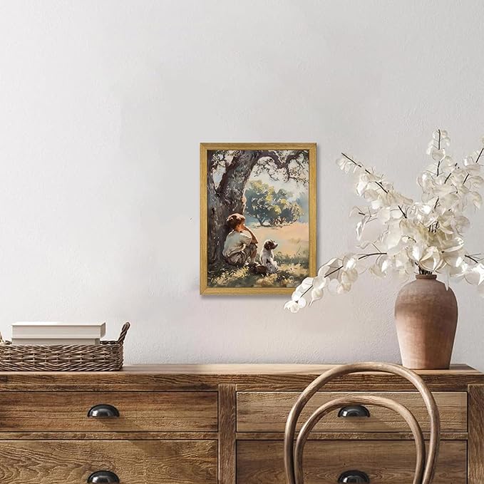 Wood Framed Canvas Wall Art, Vintage Boy and Dog Painting Poster, Countryside