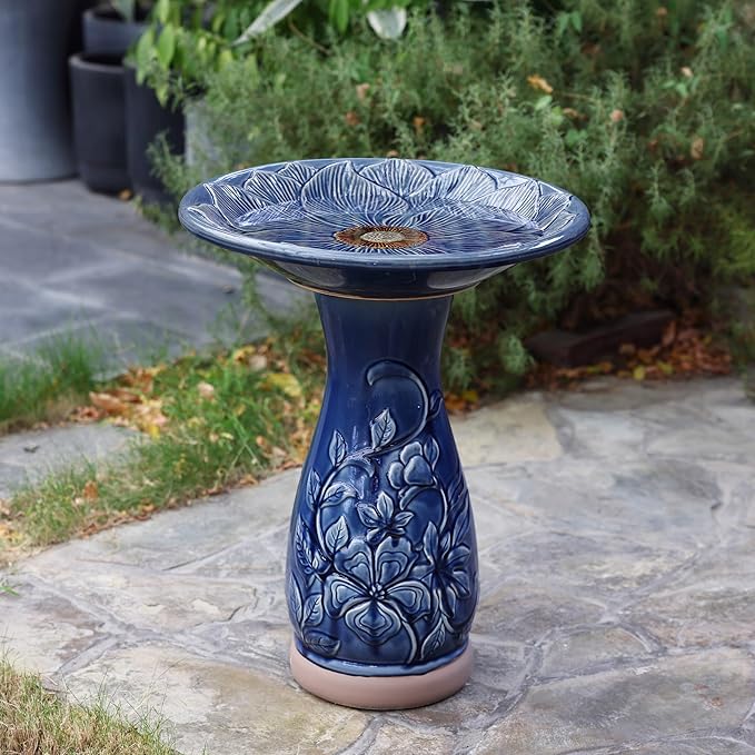 LuxenHome 22 Inch Ceramic Bird Bath for Outside, Elegant Tall Outdoor Bird Bath, Lightweight Pedestal Glazed Birdbaths for Outdoors with Floral Pattern, Deep Blue