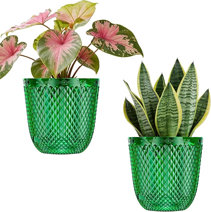 QCQHDU 2 Pack Self Watering Pots, 7.2 Inch Flower Pots with Drainage Holes and Water Filling Port, Plastic Garden Planter for Indoor Outdoor Plants (Emerald)