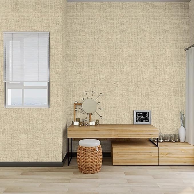 TANONE Khaki Contact Paper Peel and Stick Wallpaper, Grasscloth Beige Wallpaper