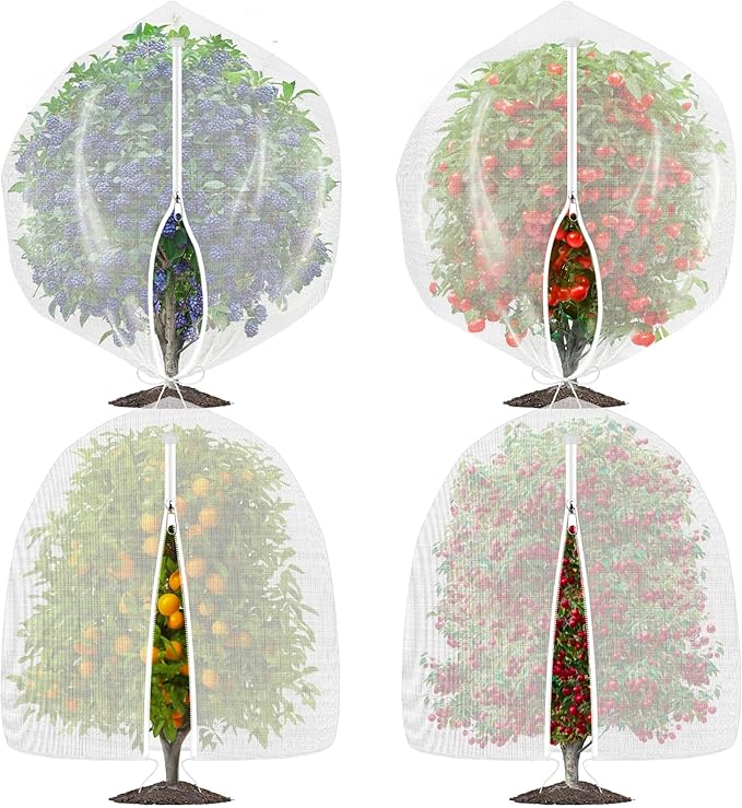 OZMI 4 Pack Fruit Tree Blueberry Bush Netting Cover, 4Ft x 5Ft Reusable Bird Netting for Garden Protection with Zipper & Drawstring, Shrubs Tomato Strawberry Plant Bushes Protector