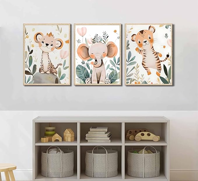 3 Pcs Safari Animals Nursery Canvas Wall Art Jungle Animals Cheetah Elephant